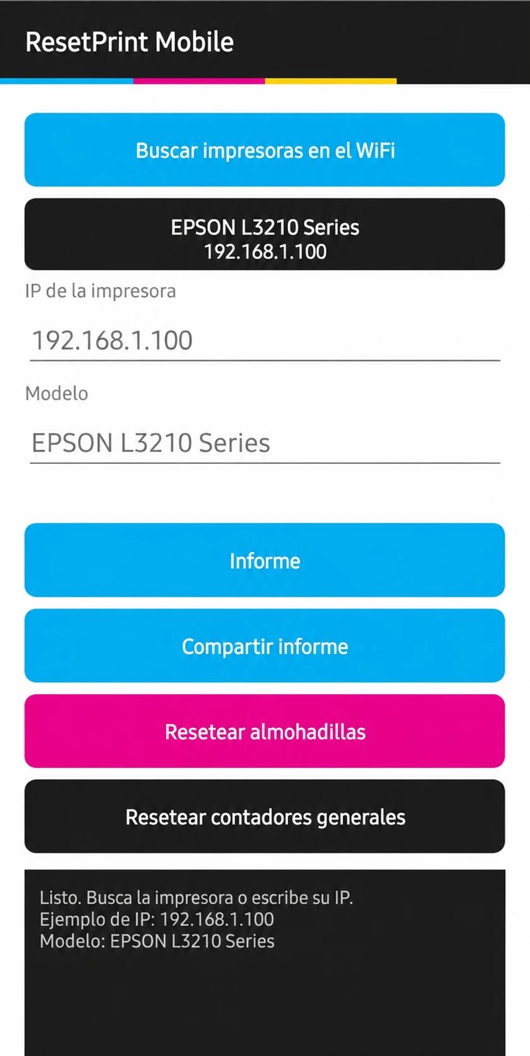 Pantalla de ResetPrint Mobile con los botones Informe, Resetear almohadillas y Resetear contadores generales