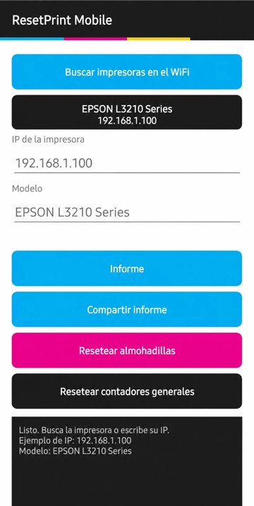 Pantalla de ResetPrint Mobile
