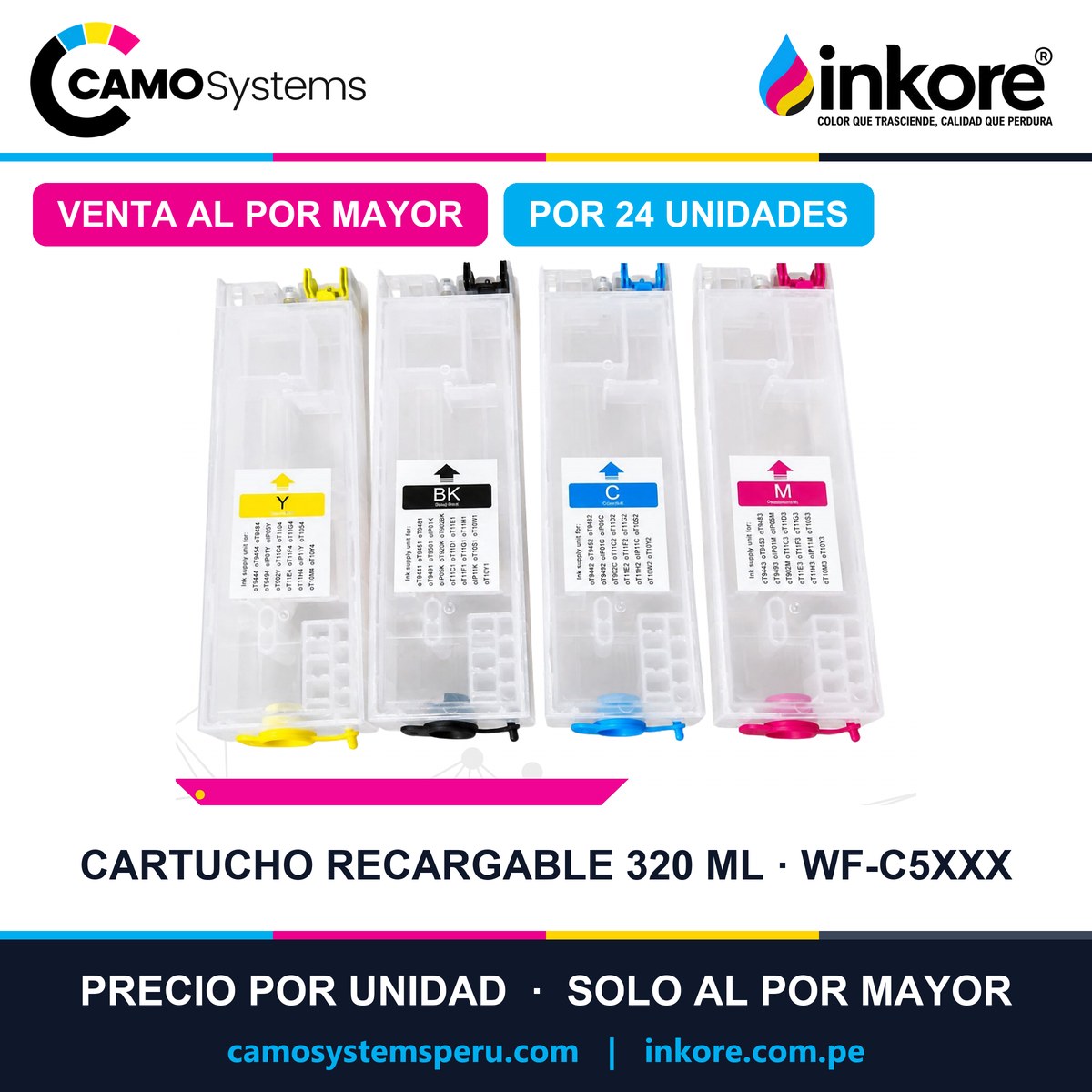 Cartucho recargable de 320 ml para Epson WorkForce Pro WF-C5310 / C5710 / C5810 / C5890 / C5891 - Precio al por mayor por 24 unidades