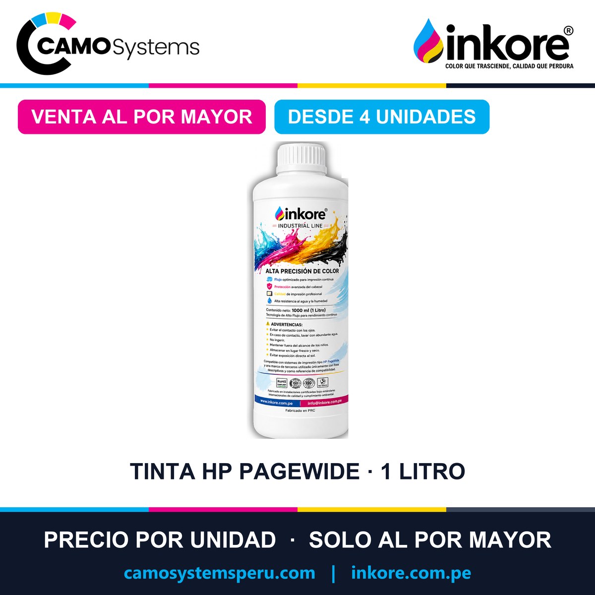 Tinta Inkore 1 litro para HP PageWide - Precio al por mayor desde 4 unidades