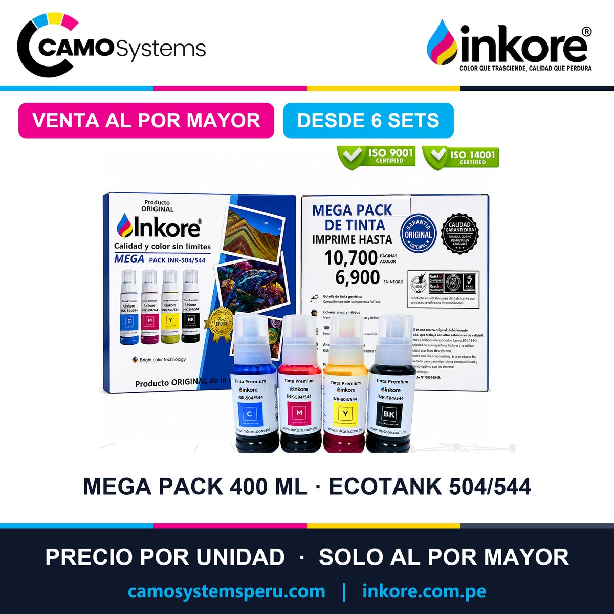 Mega pack de tinta Inkore 400 ml (4 colores) para Epson EcoTank 504/544 - Precio al por mayor desde 6 sets
