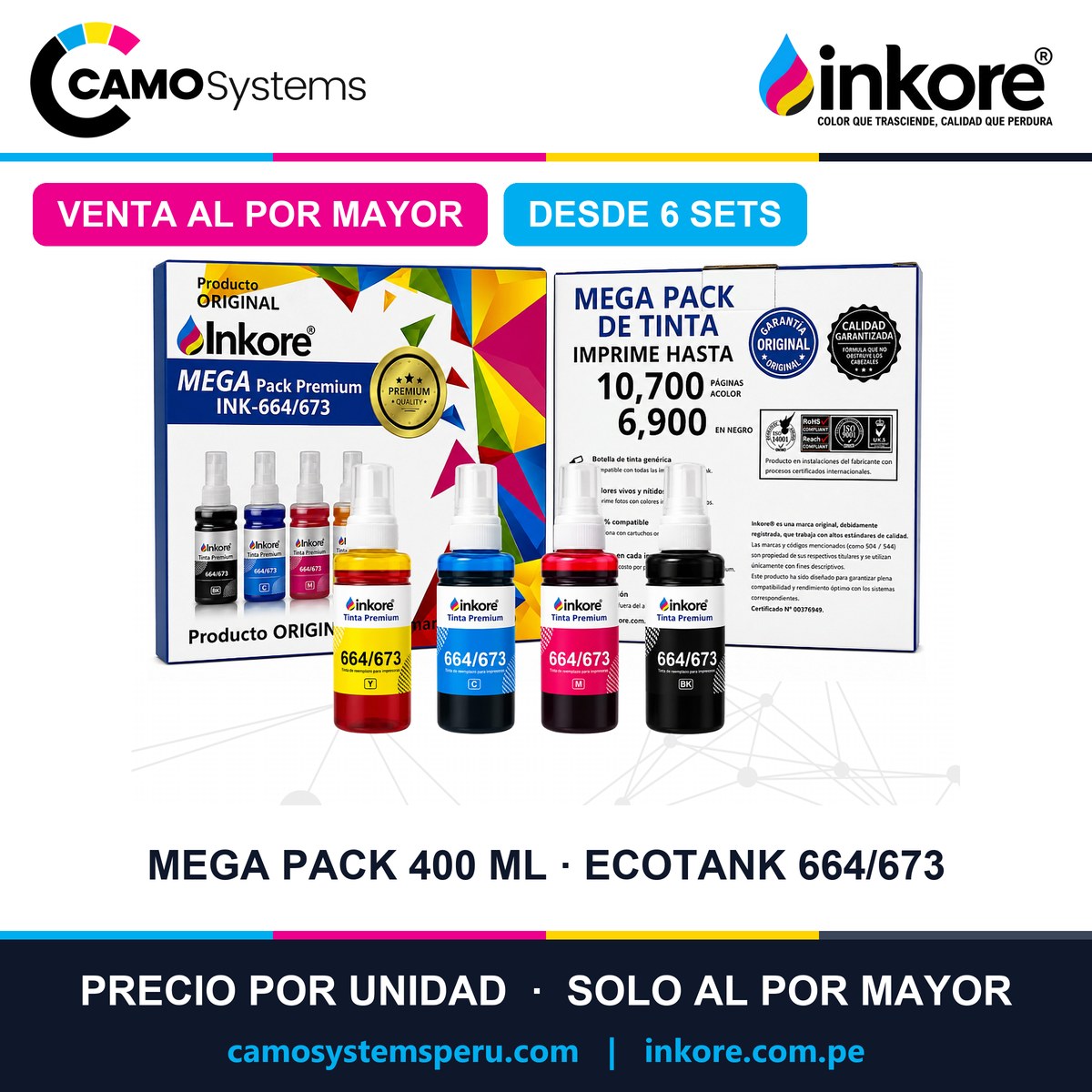 Mega pack de tinta Inkore 400 ml (4 colores) para Epson EcoTank 664/673 - Precio al por mayor desde 6 sets