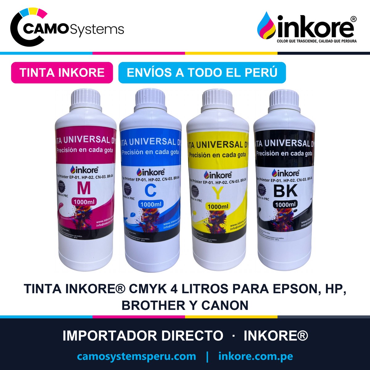 Tinta INKORE® CMYK 4 Litros para Epson, HP, Brother y Canon
