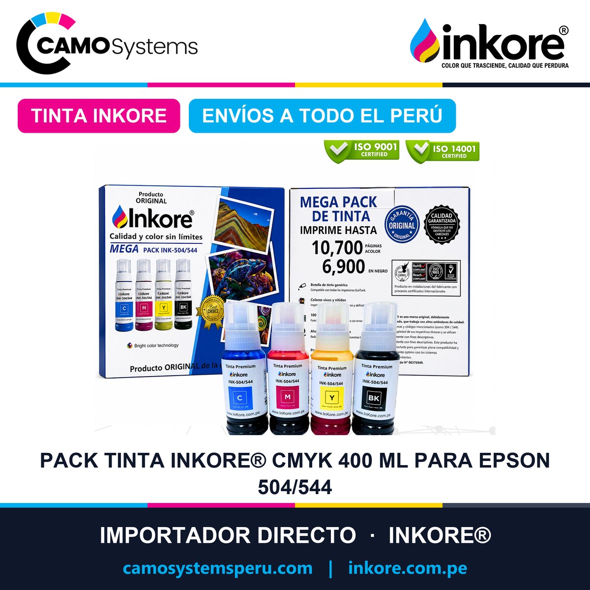 Pack Tinta INKORE® CMYK 400 ml para Epson 504/544