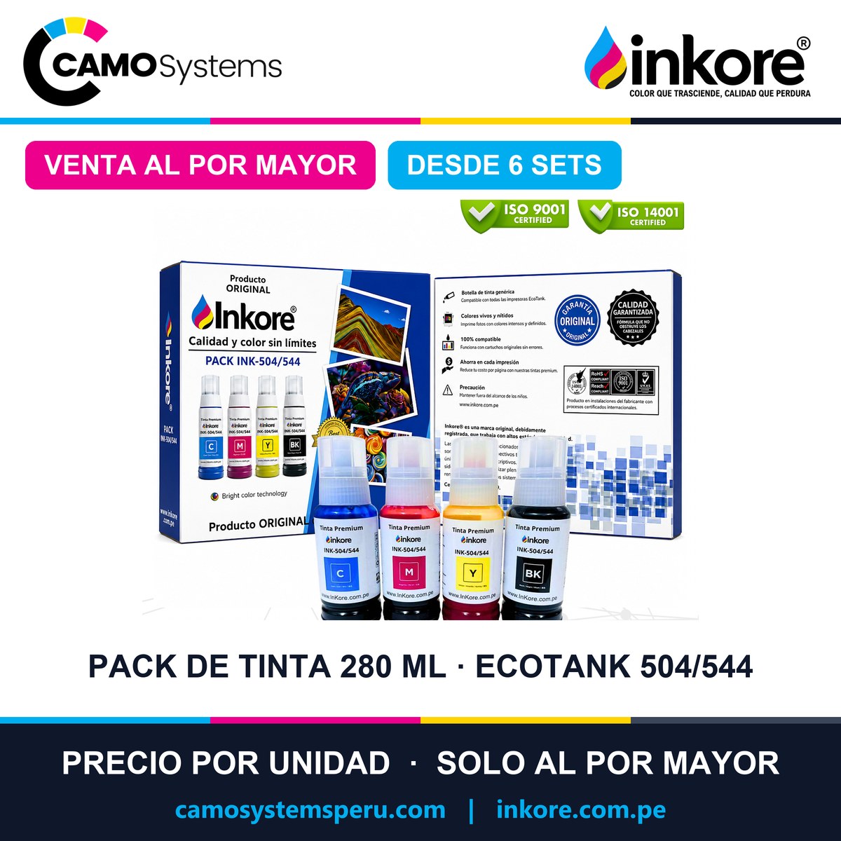 Pack de tinta Inkore 280 ml (4 colores) para Epson EcoTank 504/544 - Precio al por mayor desde 6 sets