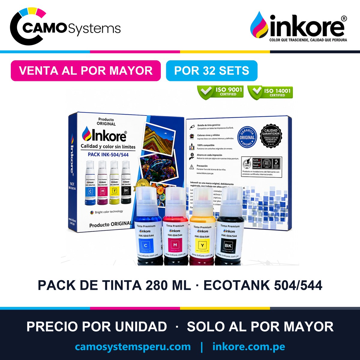 Pack de tinta Inkore 280 ml (4 colores) para Epson EcoTank 504/544 - Precio al por mayor por 32 sets