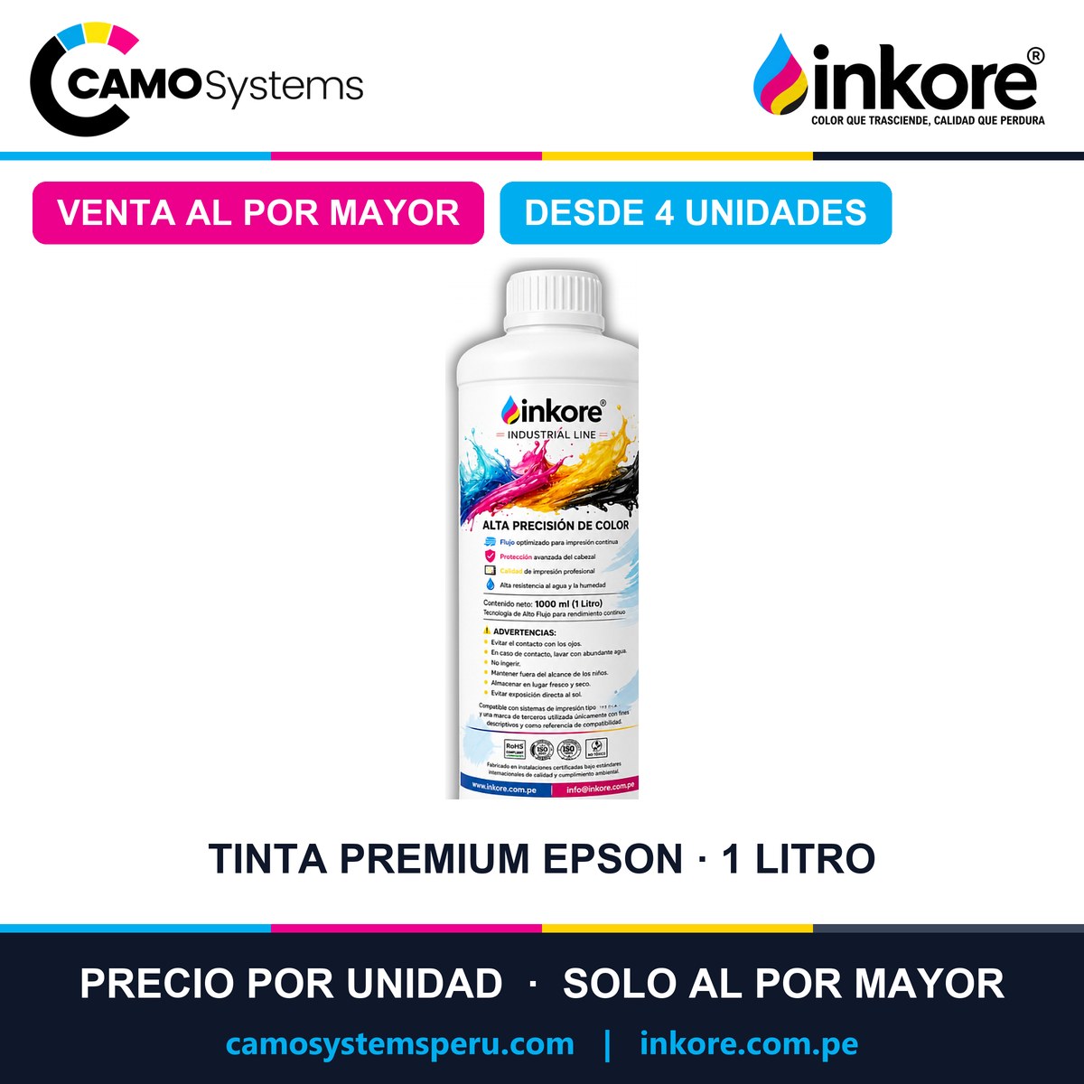 Tinta Premium Inkore 1 litro para impresoras Epson - Precio al por mayor desde 4 unidades