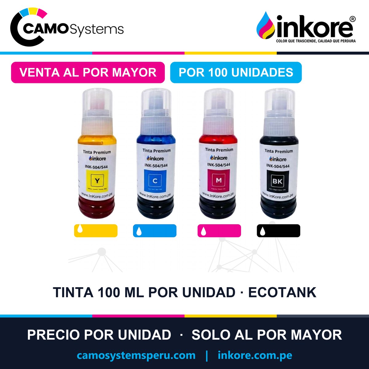 Tinta Inkore por unidad 100 ml (botella genérica) para impresoras EcoTank - Precio al por mayor por 100 unidades