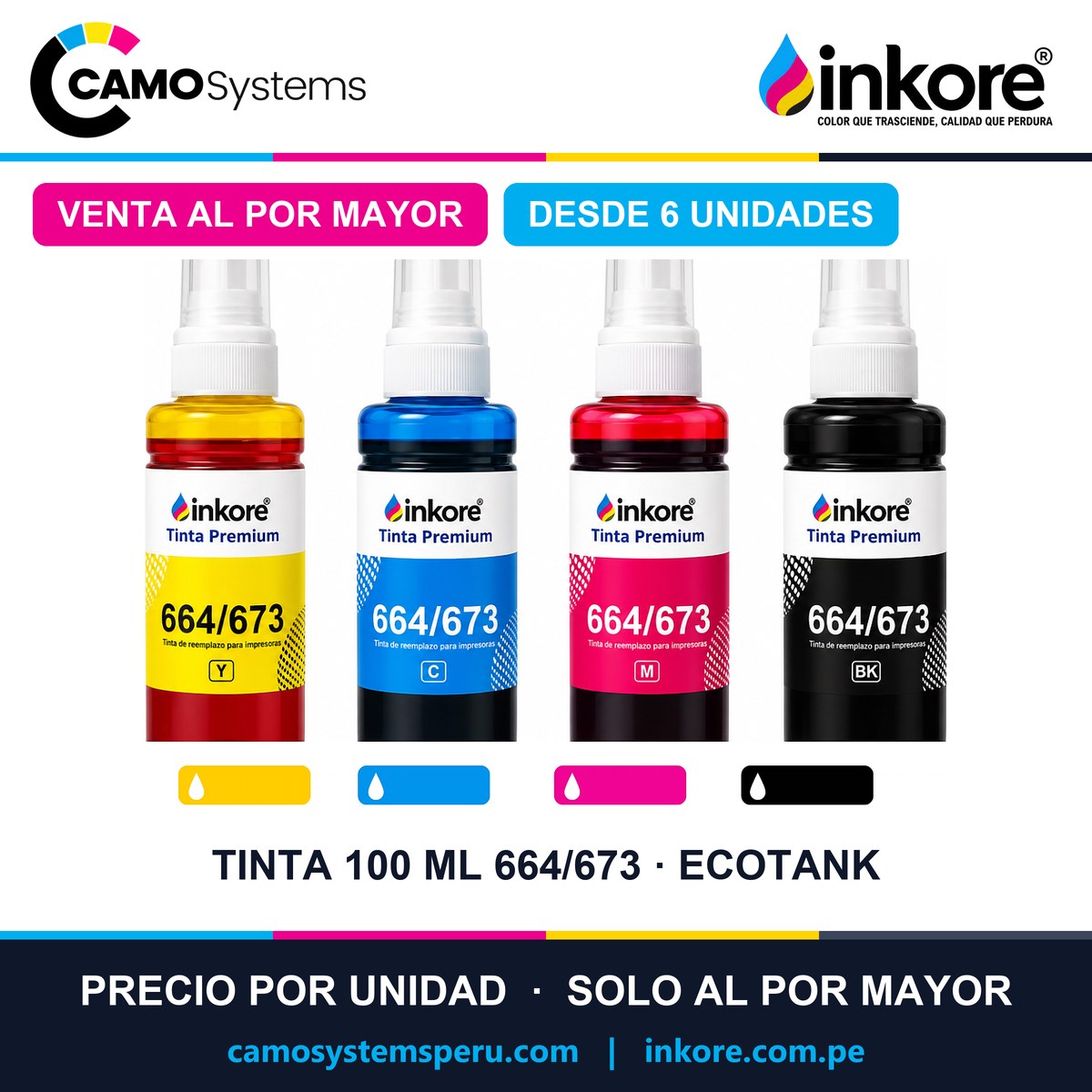 Tinta Inkore por unidad 100 ml 664/673 (botella genérica) para impresoras EcoTank - Precio al por mayor desde 6 unidades