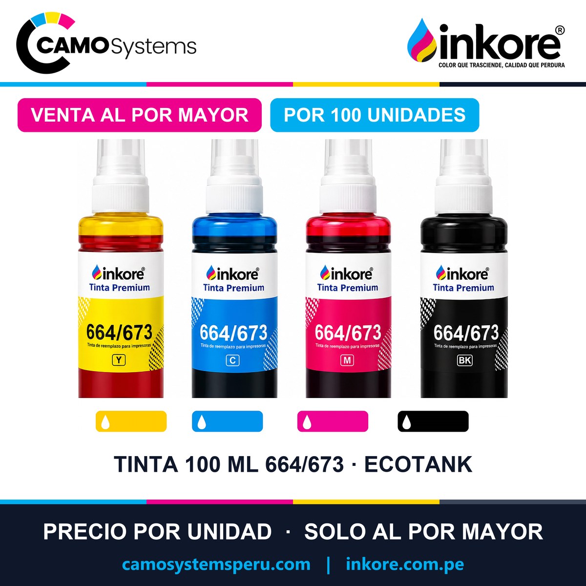 Tinta Inkore por unidad 100 ml 664/673 (botella genérica) para impresoras EcoTank - Precio al por mayor por 100 unidades