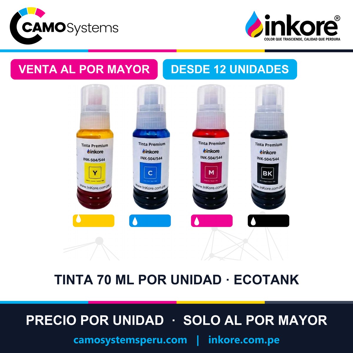 Tinta Inkore por unidad 70 ml (botella genérica) para impresoras EcoTank - Precio al por mayor desde 12 unidades