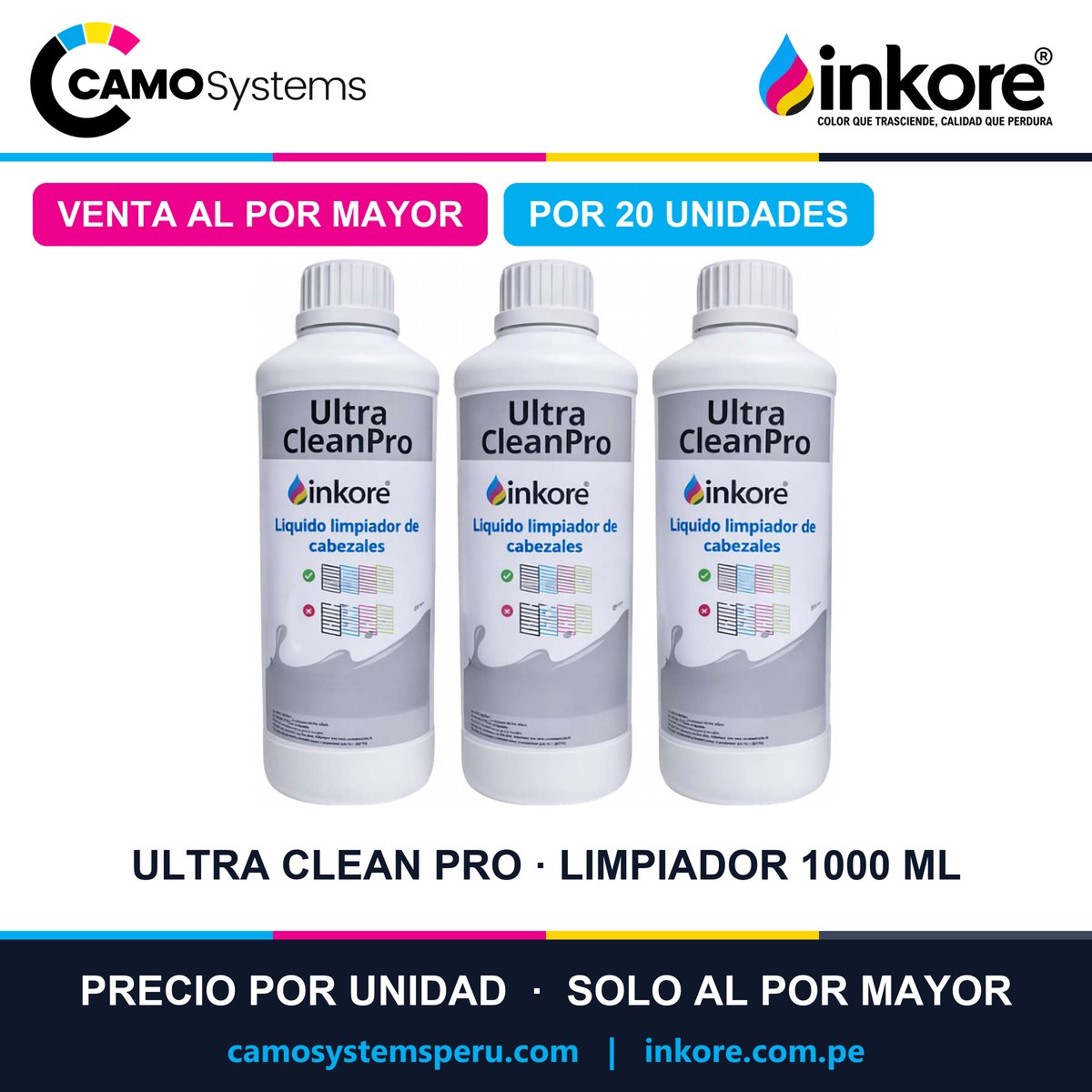 Ultra Clean Pro limpiador de cabezales Inkore 1000 ml - Precio al por mayor por 20 unidades