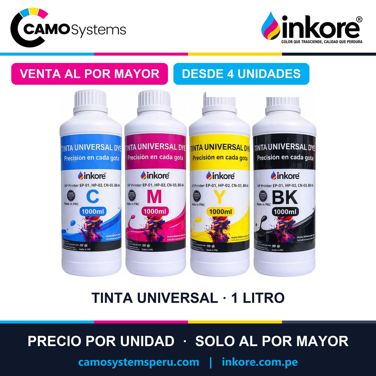 Tinta Universal Inkore 1 litro (Epson, Canon, HP y Brother) - Precio al por mayor desde 4 unidades