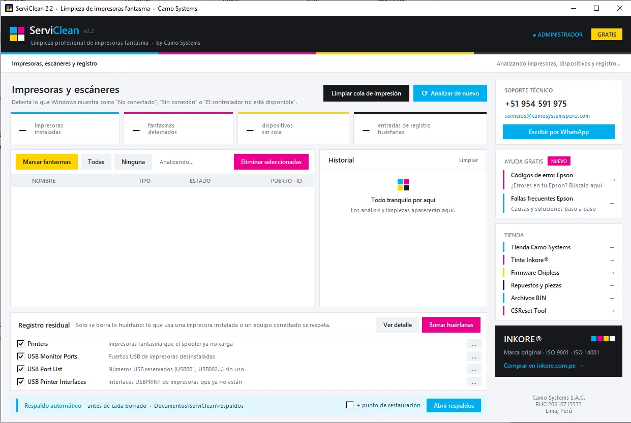 ServiClean 2.2: pantalla principal con impresoras y escáneres, registro residual y respaldo automático