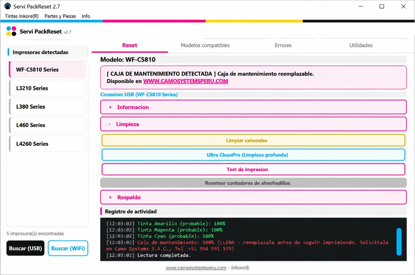 ServiPack: limpieza de cabezales, Ultra CleanPro y test de impresión